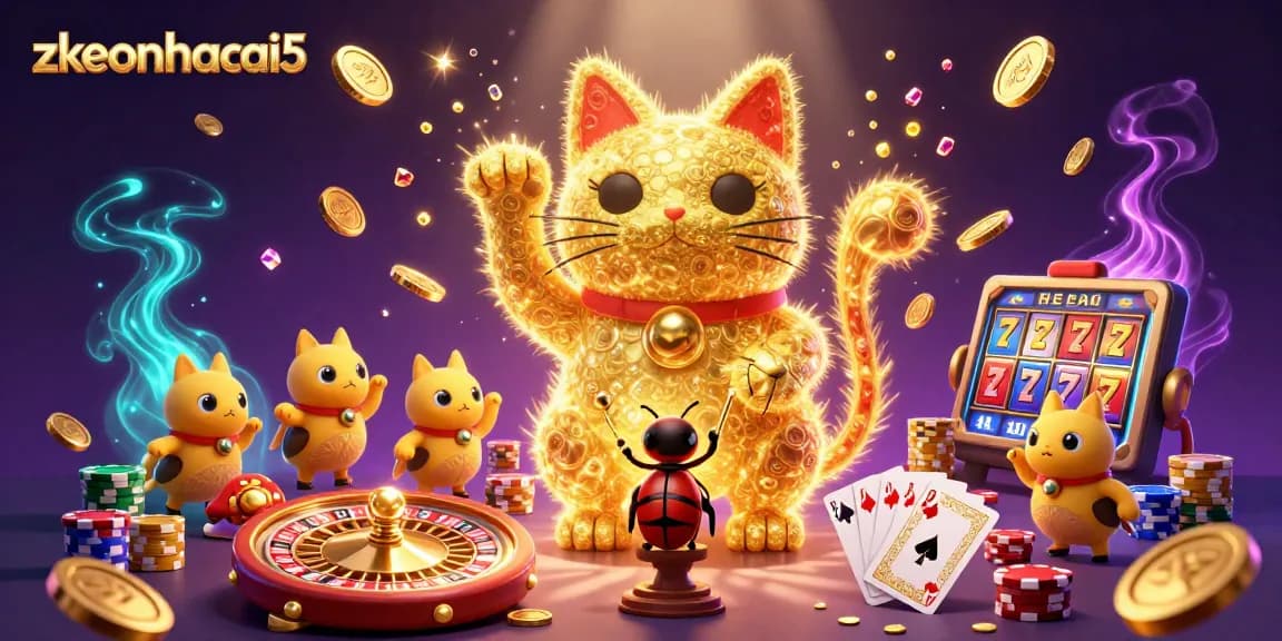 Zkeonhacai5 showcases a giant lucky cat surrounded by vibrant casino symbols and coins in a remarkable 3D illustration.