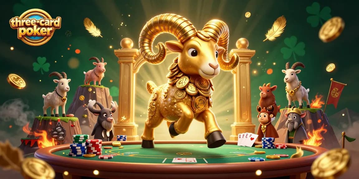 Experience three-card-poker with a dynamic illustration featuring gold and dramatic casino elements.