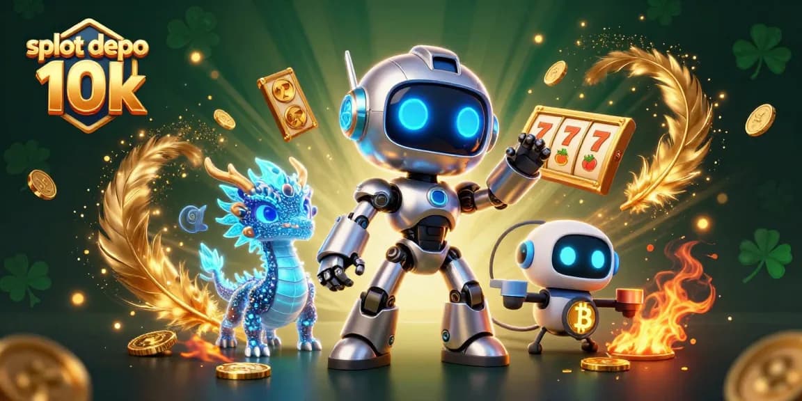 Permainan slot depo 10k di kasino online dengan robot cyberpunk dan naga holografik, simbol jackpot.