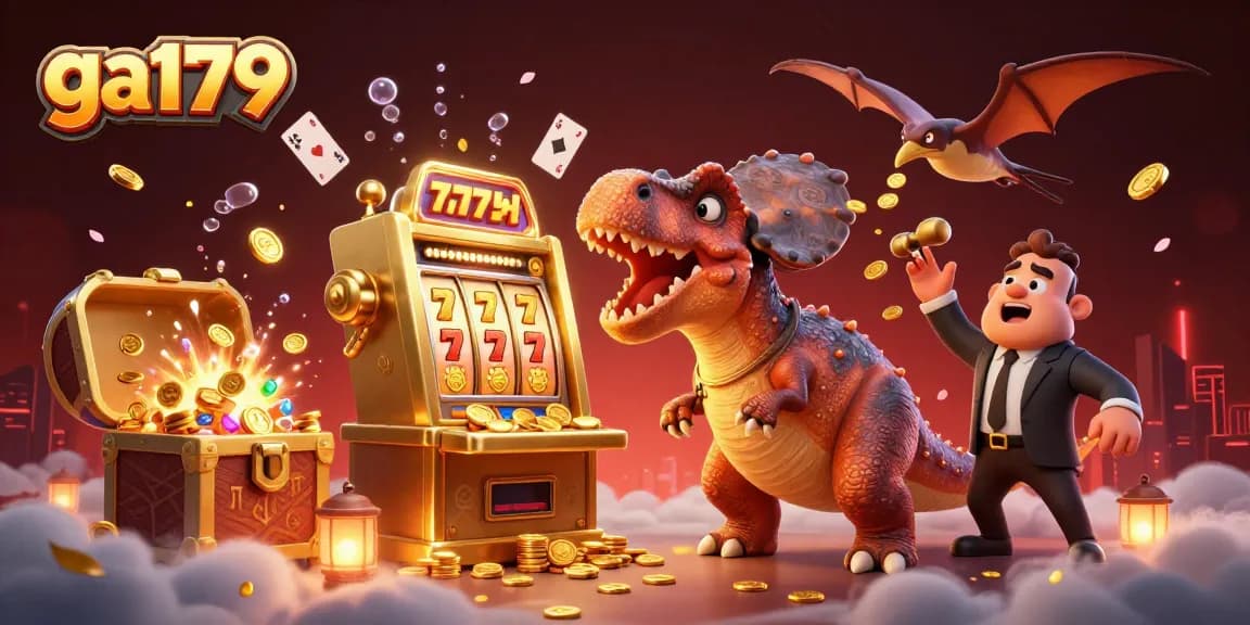 ga179 showcases a pachycephalosaurus hitting a slot machine for a jackpot win with flying coins