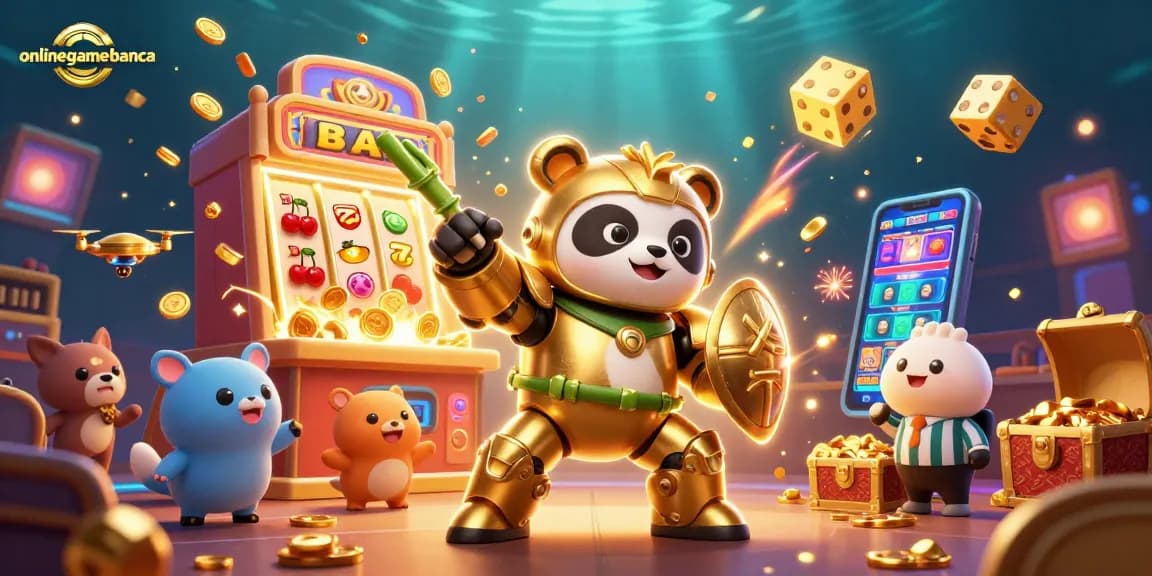 Onlinegamebanca showcases a dynamic 3D casino scene with golden panda and slot machine action.