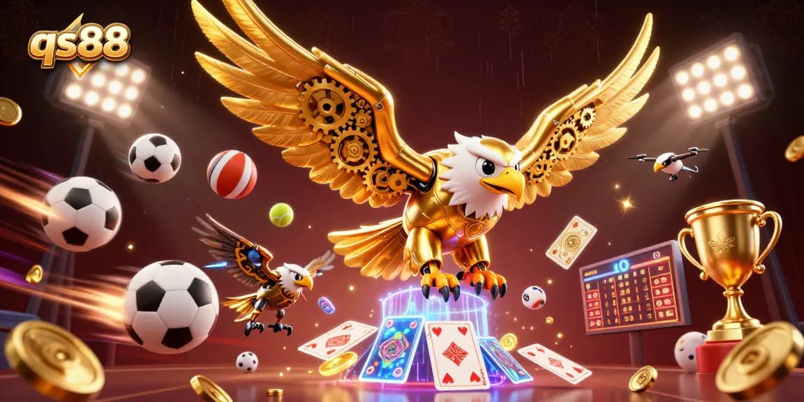 Engage in the exciting gaming world of qs88 with a vibrant 3D illustration of a golden eagle diving through playing cards.