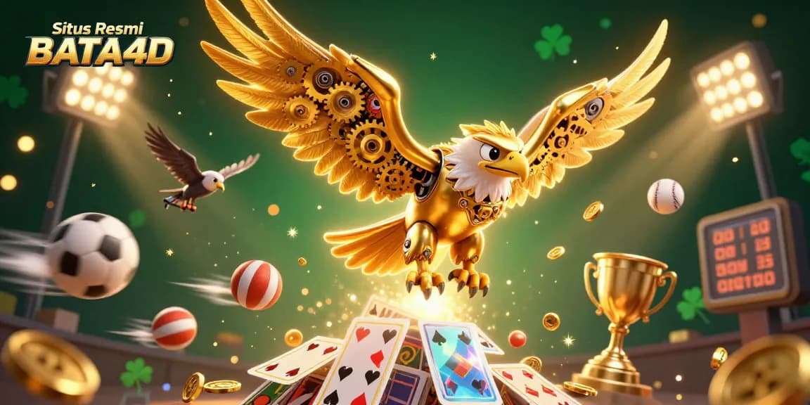 Situs Resmi BATA4D showcases a dynamic illustration of a golden eagle amidst sports betting excitement, mixing casino and sports elements.