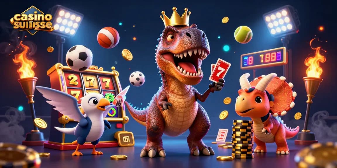 Illustration dynamique et colorée de casino suisse en ligne avec un T-Rex et des jetons d'or.