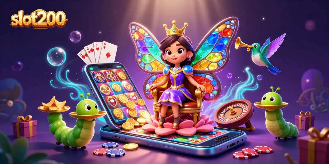 Permainan slot200 menampilkan ratu kupu-kupu kartun 3D dengan sayap stained glass dalam nuansa gem, dikelilingi elemen kasino.