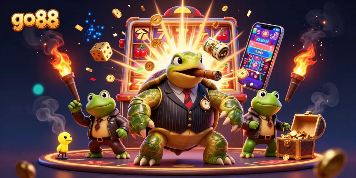 Win big with go 88 at a vibrant casino scene featuring a turtle mobster and slot machines.