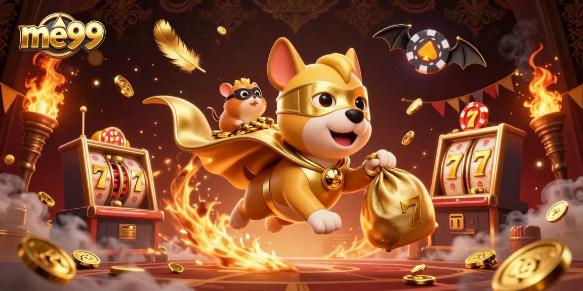 Win big at me99 with dynamic cartoon characters surrounded by casino elements and gold coins.