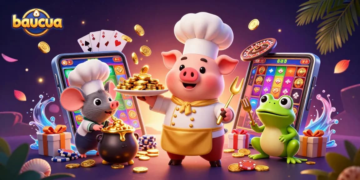 Join the excitement of baucua with a vibrant 3D scene featuring a chef pig and gold-themed elements.