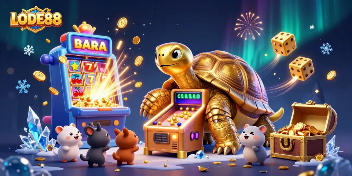 Experience LODE88's vibrant casino adventure with a golden tortoise pinball machine!