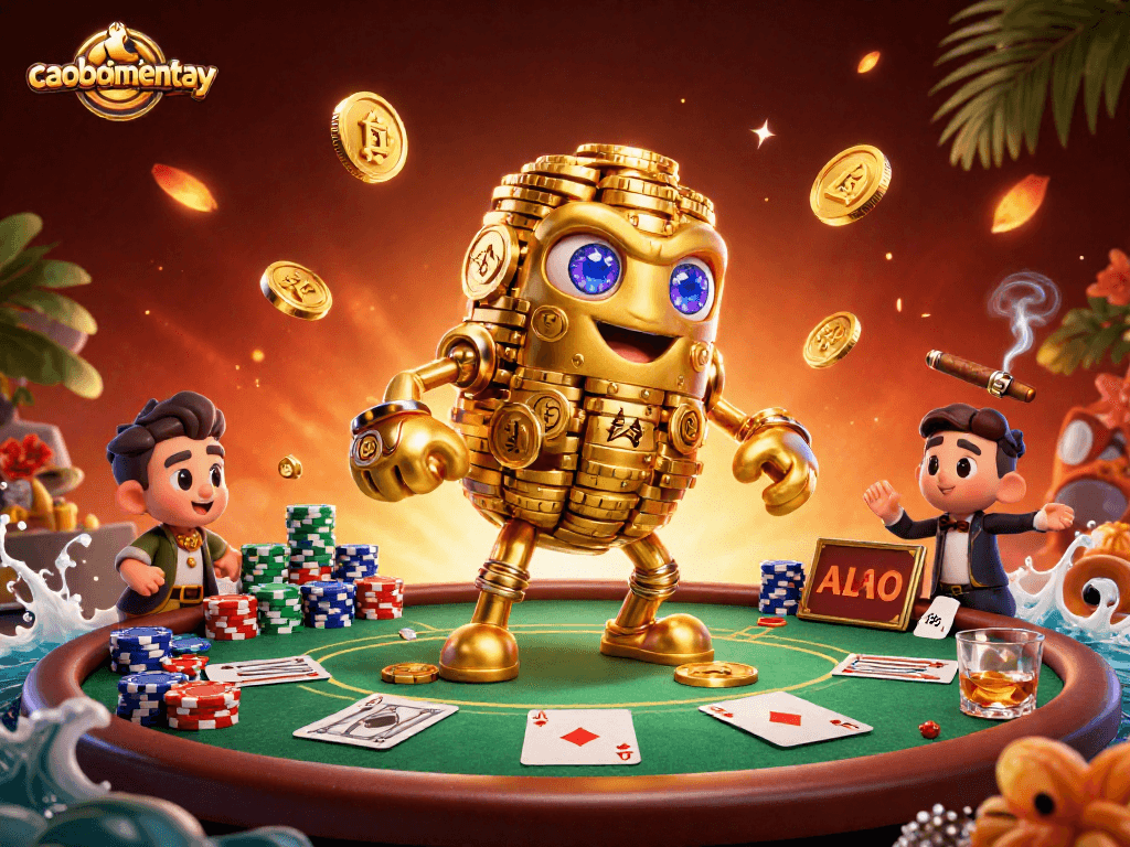 Play exciting casino games like caoboimientay characterized by a vibrant scene with a golden golem, poker elements, and rich graphics.