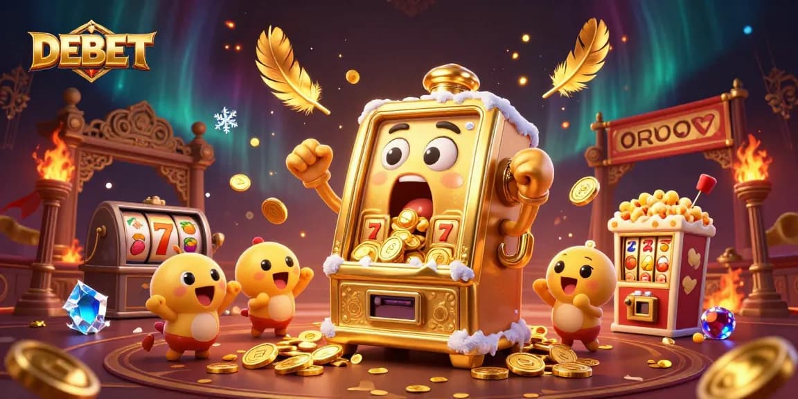 Spin the DEBET slot machine as gold coins overflow with excitement in a vibrant casino scene.