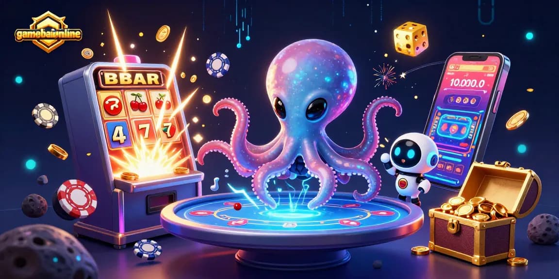 Engage in thrilling games on gamebaiionline with a vibrant casino experience illustrated by alien octopus.