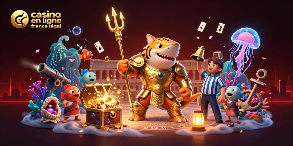Débloquez l'univers du casino en ligne légal en France avec un gladiateur requin triomphant sous la mer.