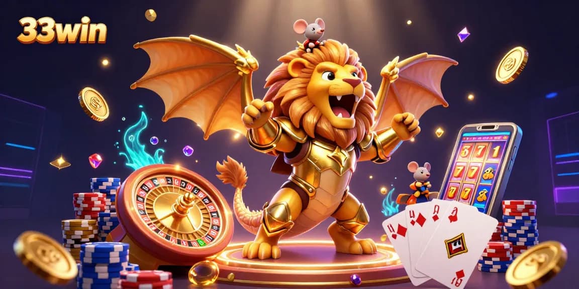 33win showcases thrilling gaming experiences with dynamic casino elements in a vibrant 3D scene.