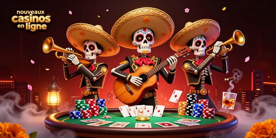 Découvrez les nouveaux casinos en ligne avec cette illustration dynamique d'un groupe de mariachi.