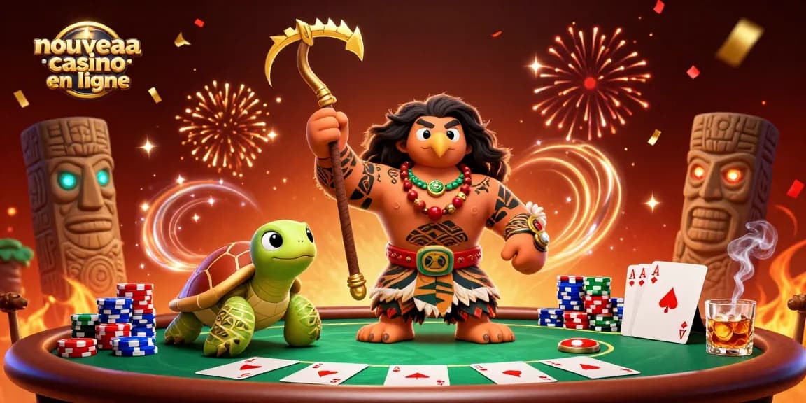 Découvrez le nouveau casino en ligne avec une ambiance dynamique de jeux de cartes et personnages colorés.