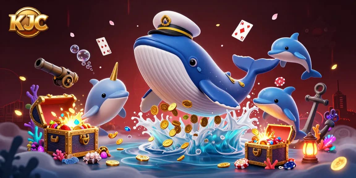 KJC promotes exciting online gaming experiences with playful dolphins and a majestic whale amidst golden coins.