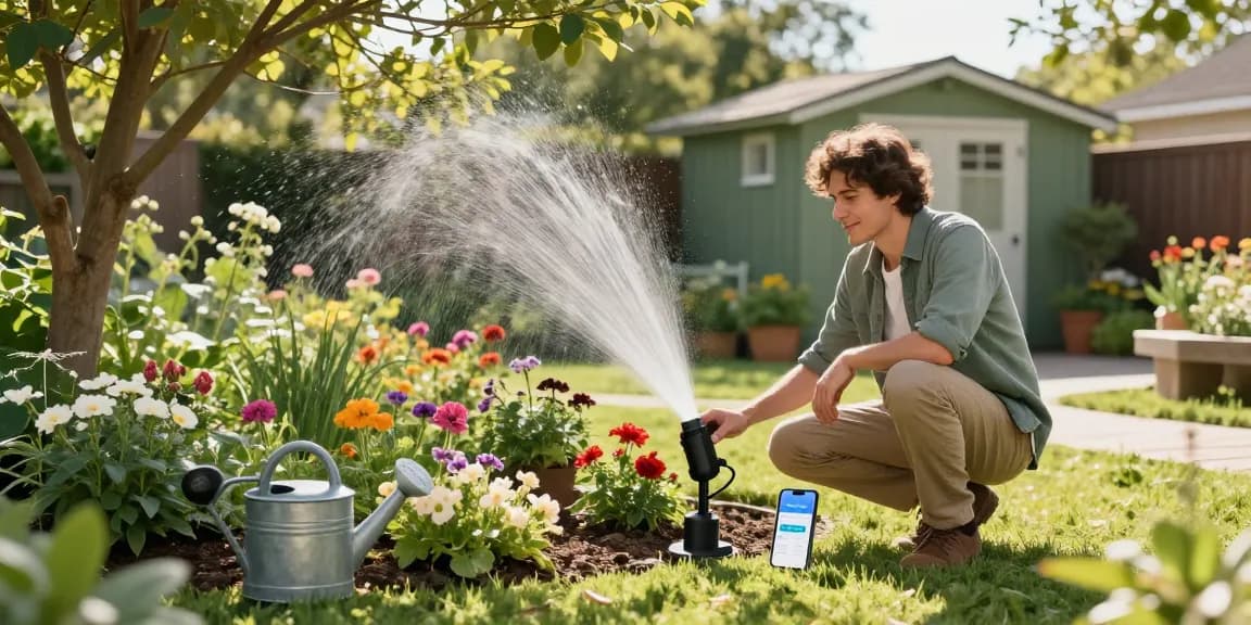 Setting up a smart sprinkler system in a vibrant garden for efficient watering