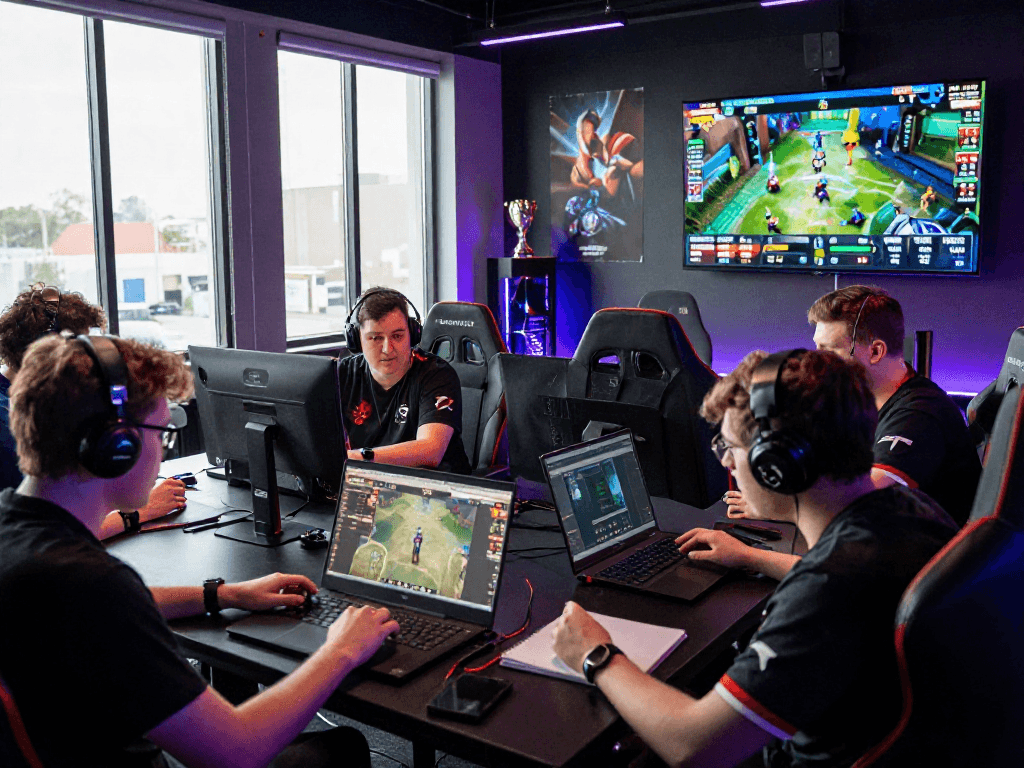 Engaged esports betting community discussing strategies and odds, featuring 롤토토사이트 추천 in a lively gaming lounge.