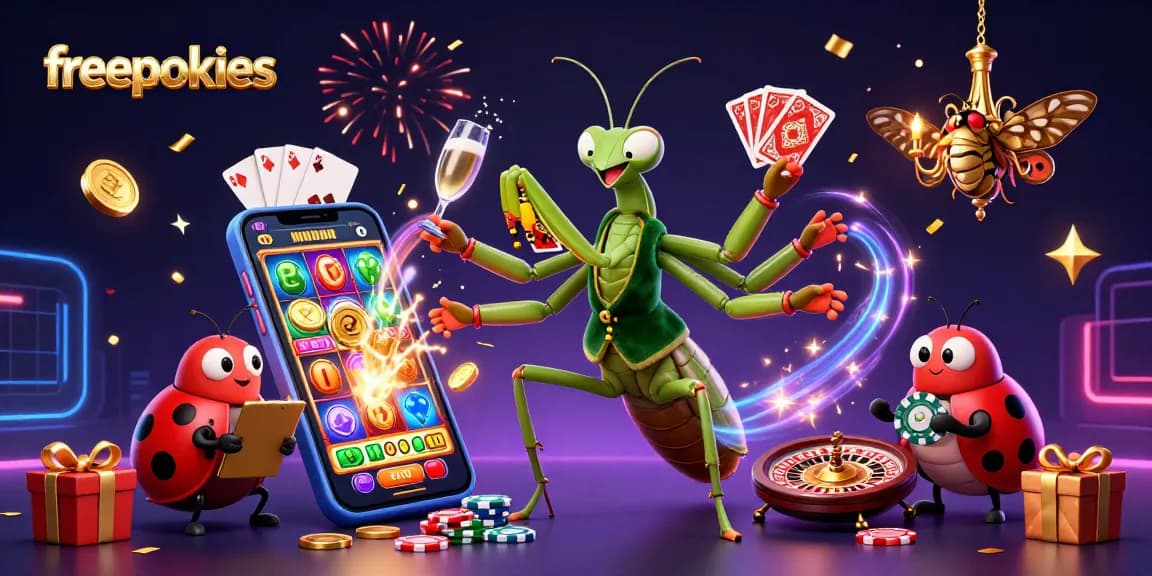 Engaging scene of freepokies with a mantis dealer, ladybug pit boss, and colorful slot game action.