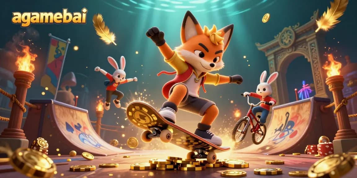 Join the fun with agamebai featuring a skateboarder fox and BMX rabbit in a vibrant casino setting.