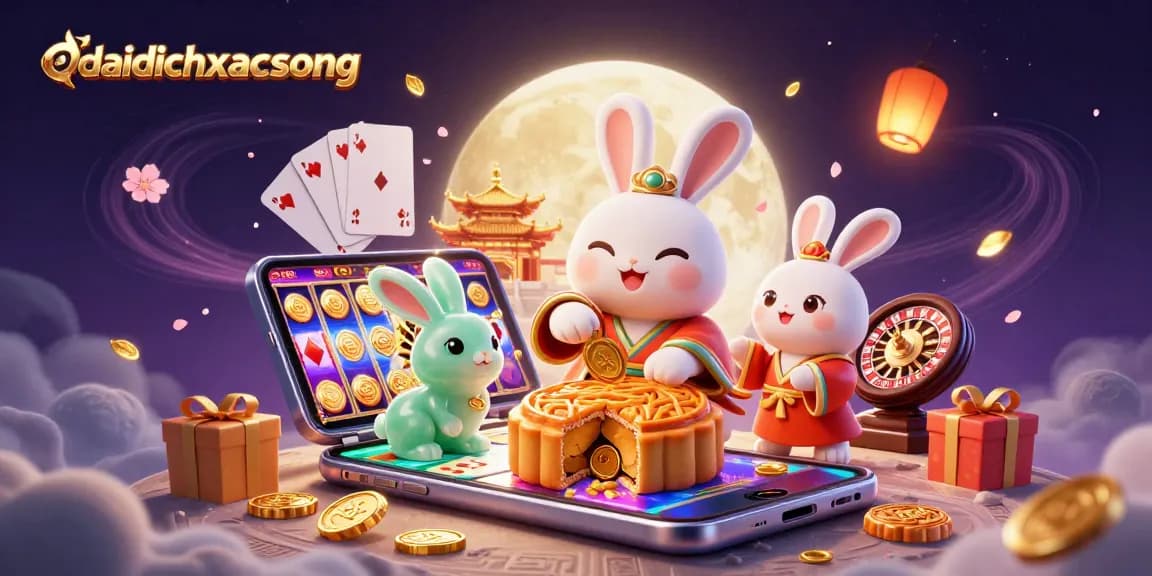 Dive into daidichxacsong as the moon rabbit reveals poker chips from mooncakes in a vibrant casino scene.