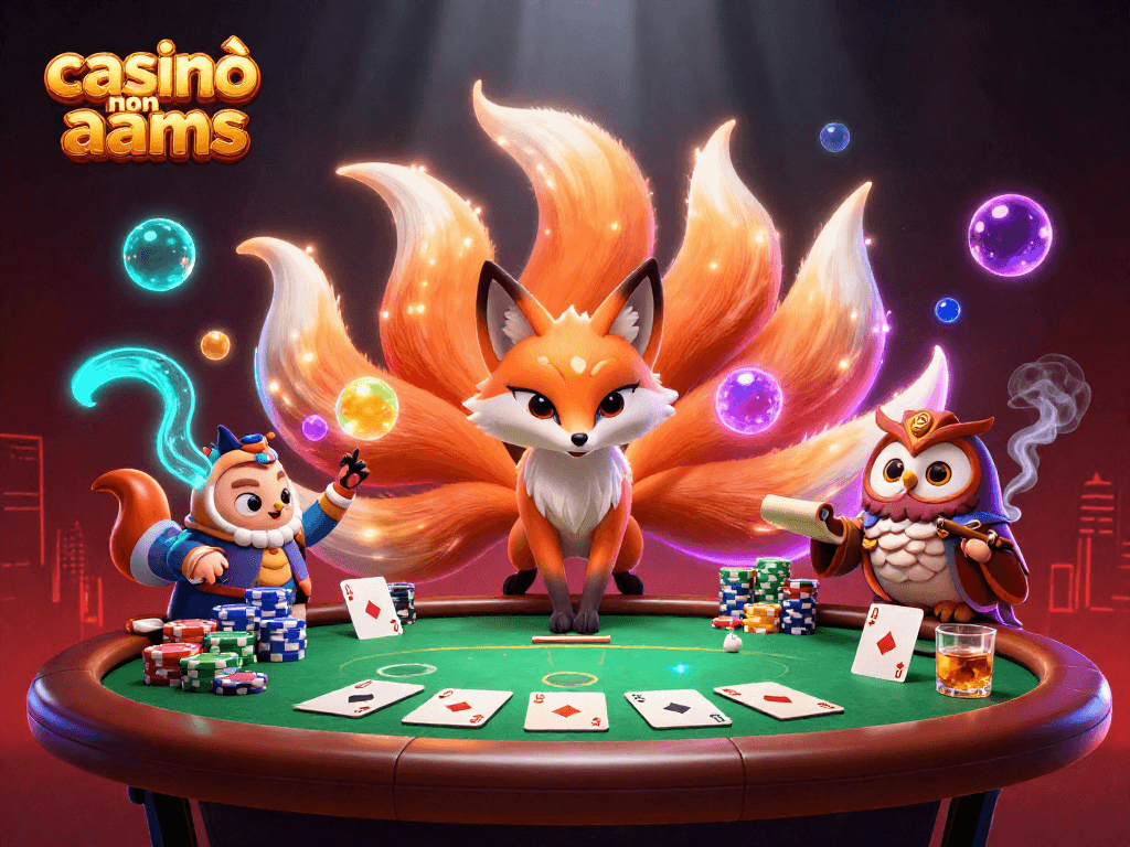 Gioca responsabilmente nei casinò non aams con una fantastica illustrazione di un'entità fortunata e un tavolo da poker.