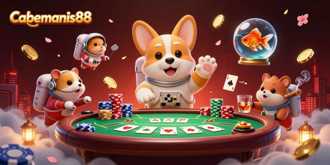 Experience the excitement of Cabemanis88 with a playful space-themed casino scene and vibrant poker action.
