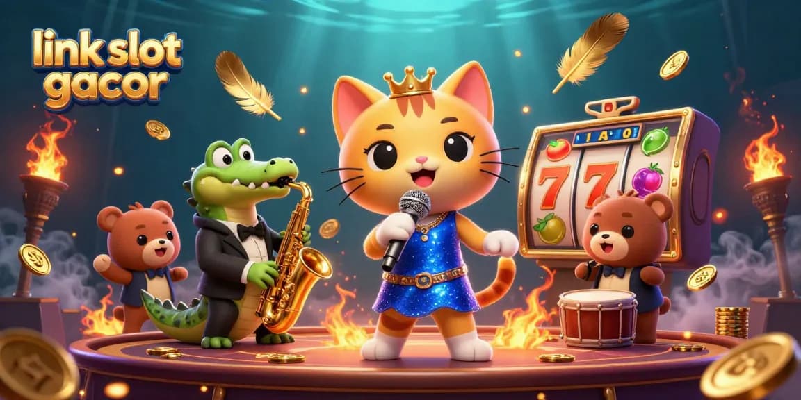 Permainan link slot gacor menampilkan kucing penyanyi jazz dalam gaun biru bersinar, dengan karakter menarik lainnya.