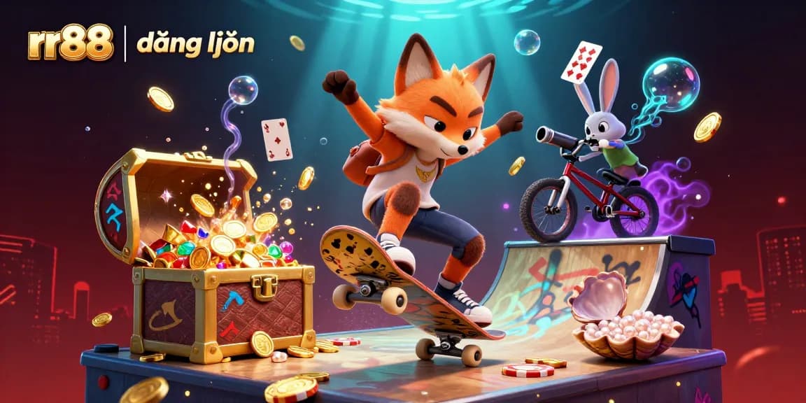 Experience thrilling action with rr88 | đăng nhập as a fox and rabbit entertain with their skateboarding at a vibrant casino.