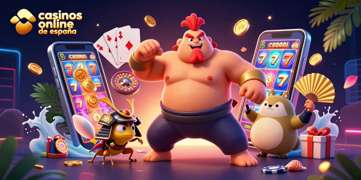 Juega en casinos online de España con esta vibrante ilustración de un robusto gallo luchador y un grillo samurái.