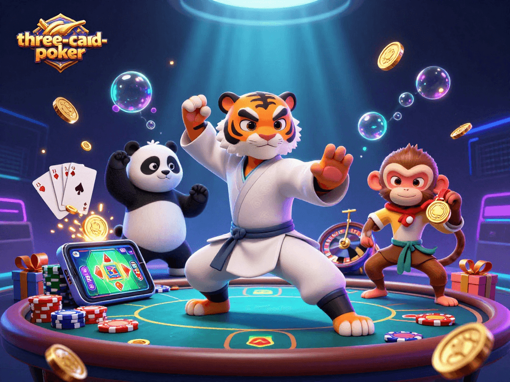 Experience three-card-poker strategy with vibrant 3D characters amid casino elements and golden treasures.