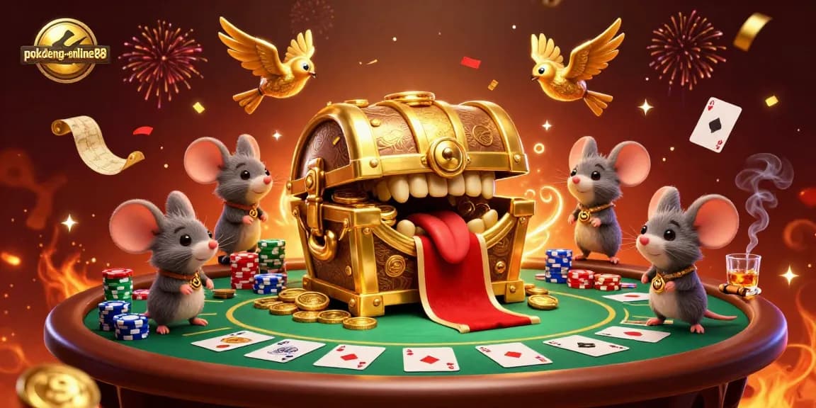 Experience thrilling gameplay with pokdeng-online88, featuring a rich 3D illustration of a treasure chest amidst vibrant casino elements.