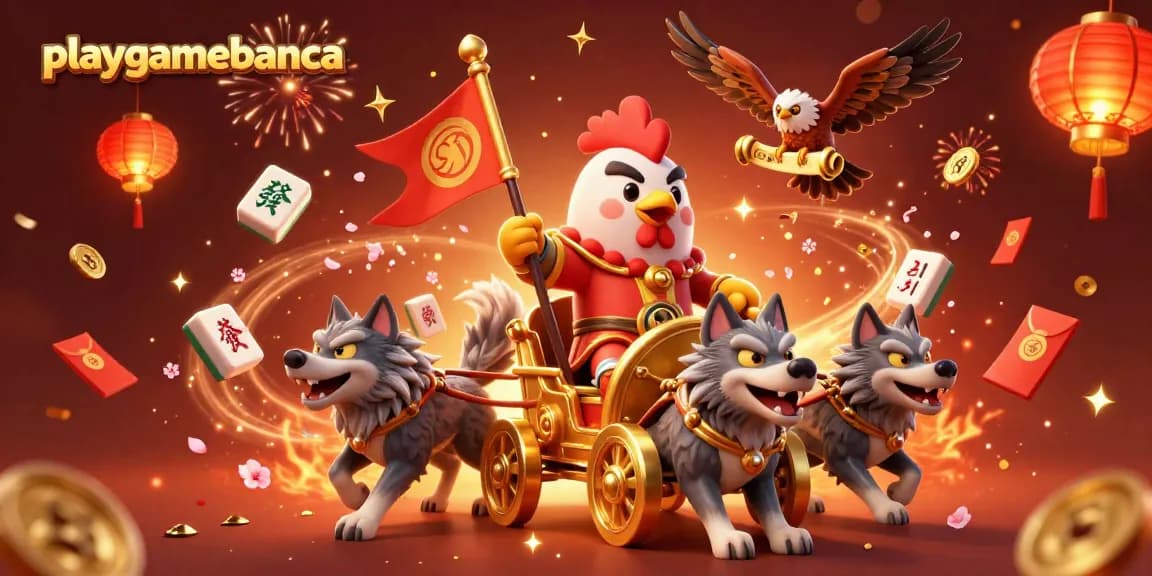 Engage with the vibrant playgamebanca scene featuring a rooster warlord and celebratory elements.