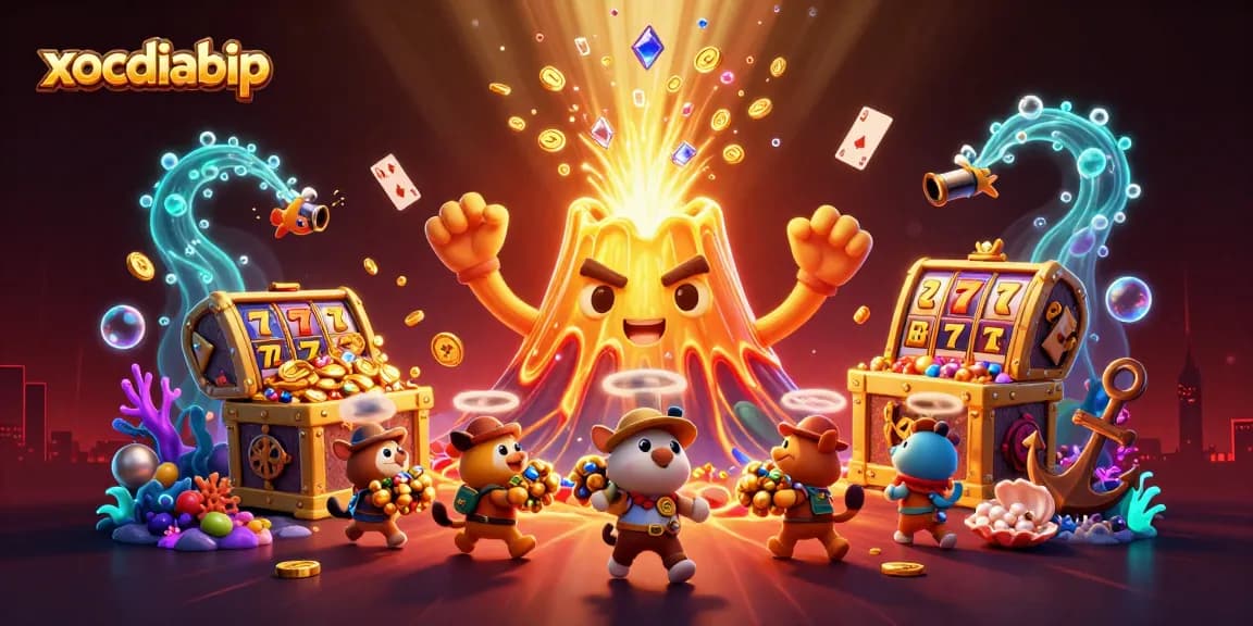 xocdiabip captures the thrilling casino experience with golden volcano and treasure hunters.