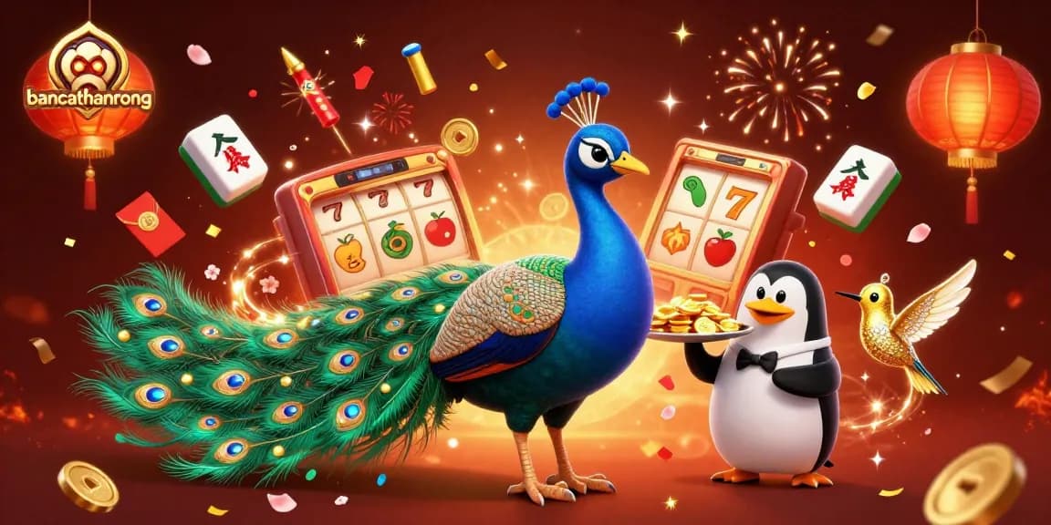 Engage with the vibrant world of bancathanrong through an exhilarating illustration of casino excitement featuring a whimsical peacock, butler penguin, and golden hummingbird.