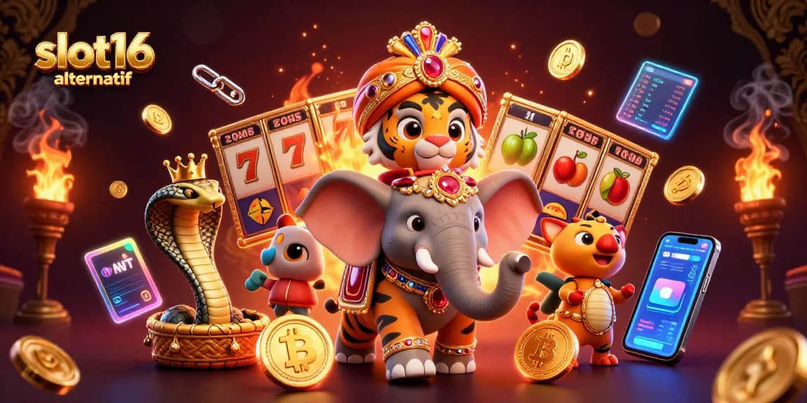 Spin to win with slot16 alternatif as a vibrant scene showcases a tiger and elephant in a rich casino setting.