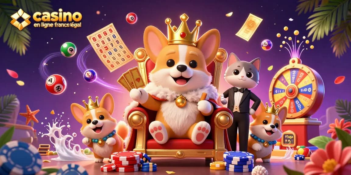 Illustration dynamique de casino en ligne en France légale avec des personnages joyeux et des éléments de jeu colorés