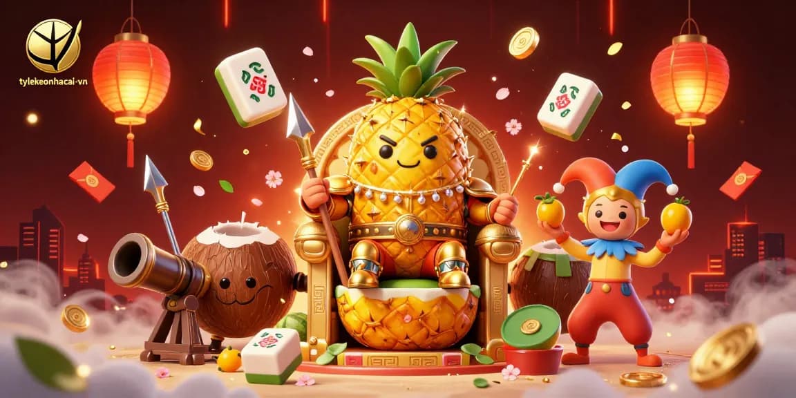Engage with the festive scene at tylekeonhacai-vn featuring a golden pineapple king and vibrant casino elements.