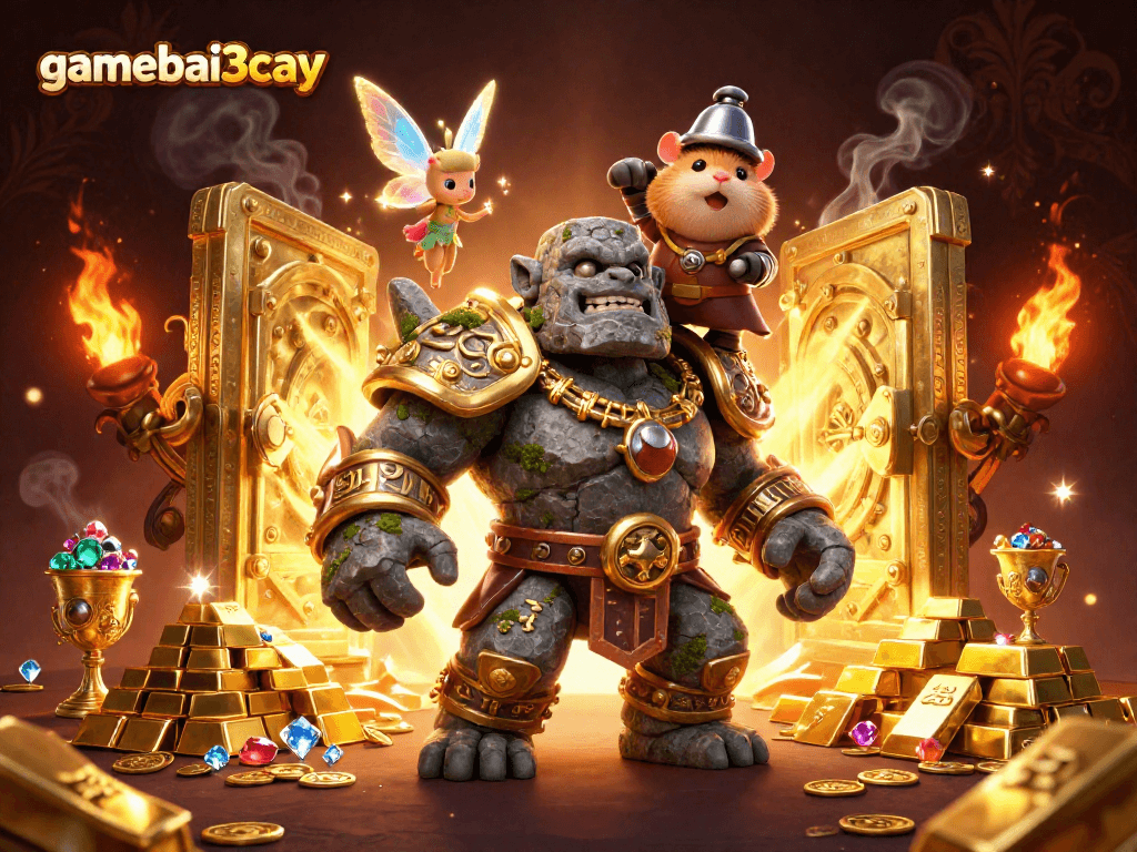 Experience the thrill of gamebai3cay with a magical scene of a golem guardian amidst dazzling treasures.