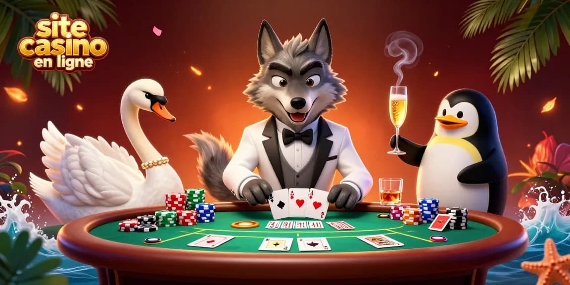 Jouez sur un site casino en ligne avec des personnages cartoon élégants autour d'une table de baccarat.