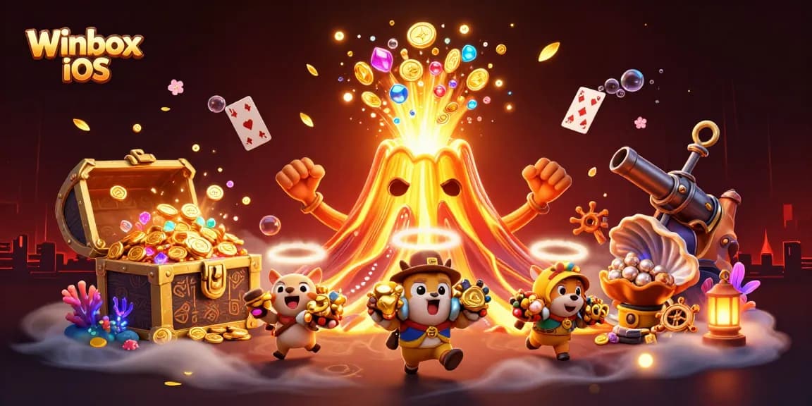 Winbox iOS app download guide featuring a vibrant 3D scene with treasures and gaming elements.