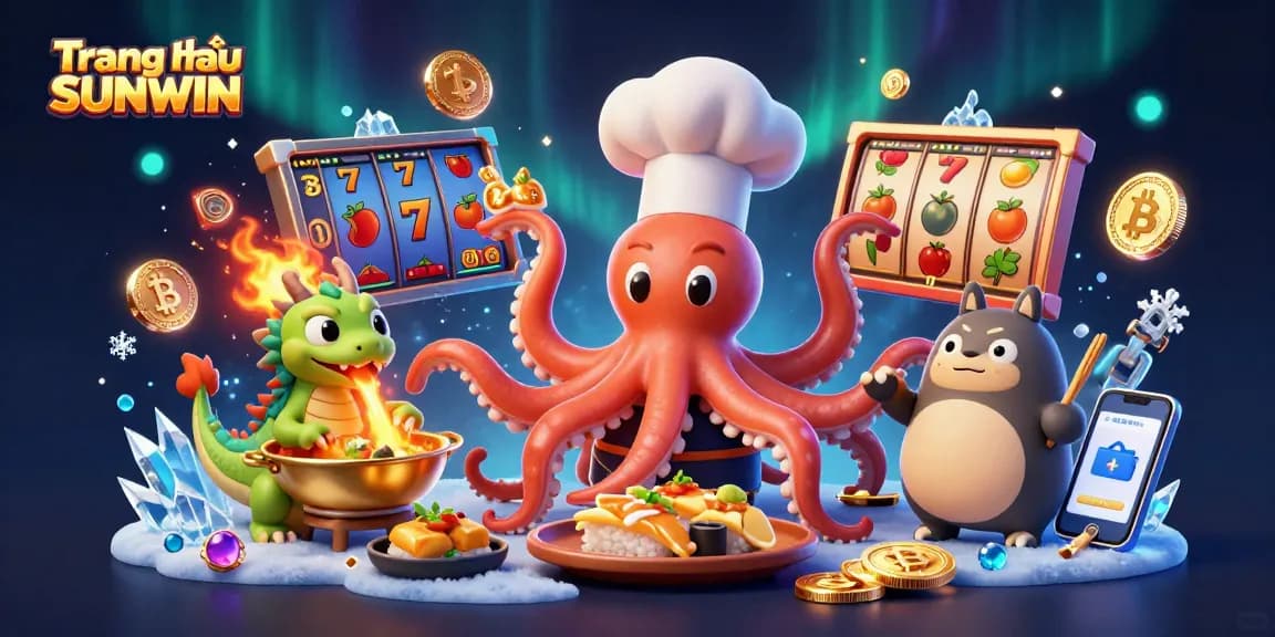 Experience excitement at Trang chủ SUNWIN with a thrilling scene featuring an octopus chef and a dragon.