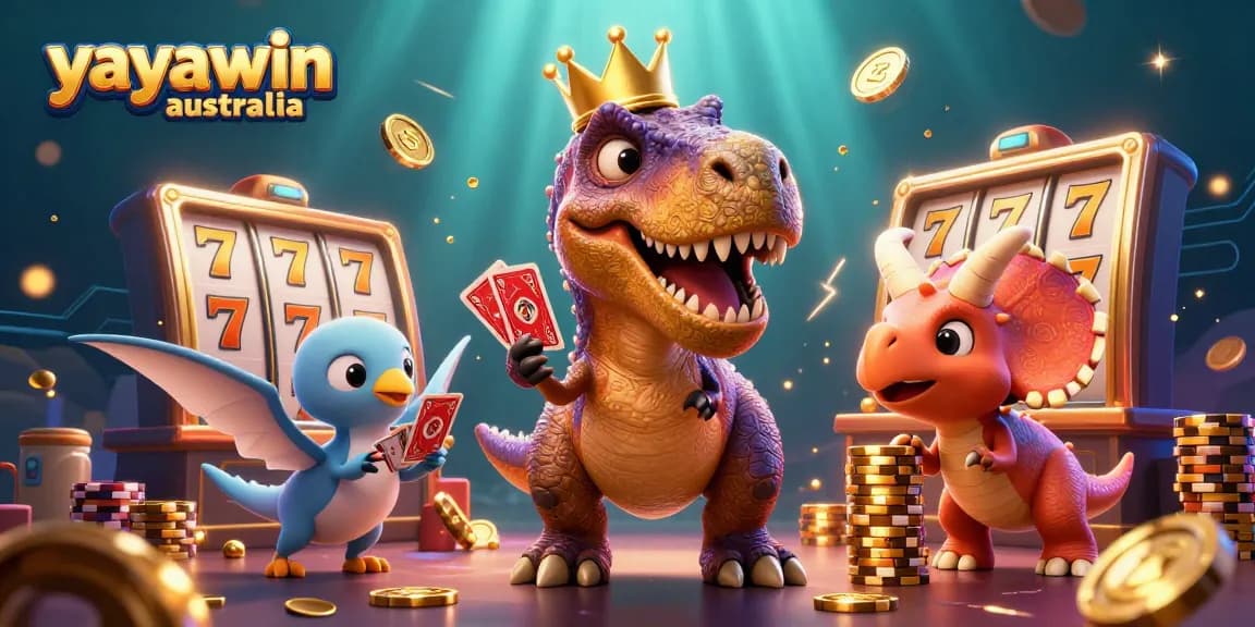 Join the fun at yayawin australia, where a T-Rex plays cards at an exciting online casino!