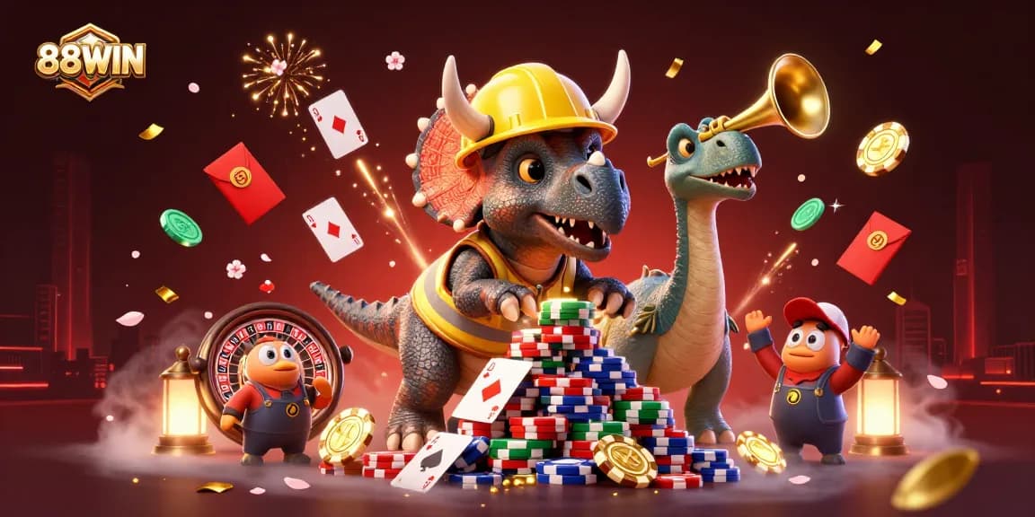 Experience the excitement of gambling at 88WIN with vibrant casino elements celebrating wins!