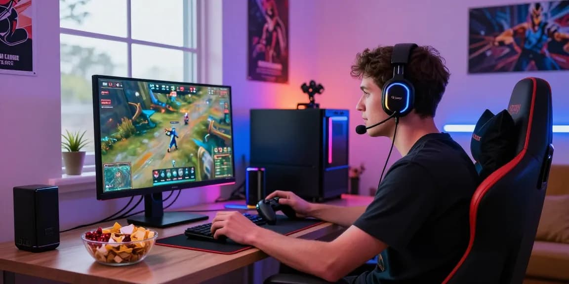 Engaged gamer at home playing online games on mantra88 platform with vibrant atmosphere.