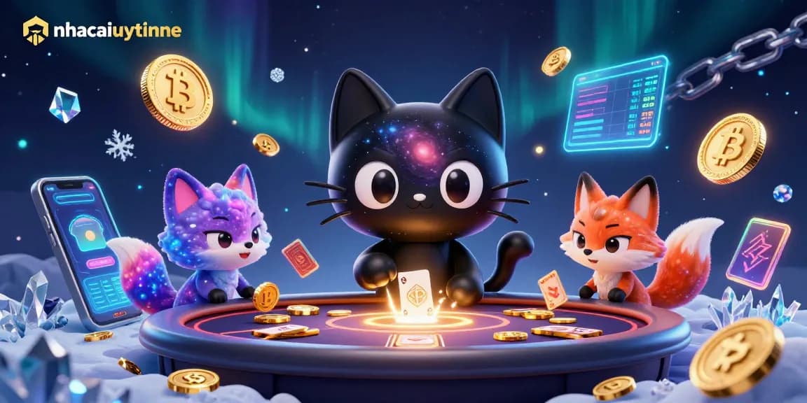 Engage with exciting games at nhacaiuytinne, featuring vibrant characters at a cosmic casino table.