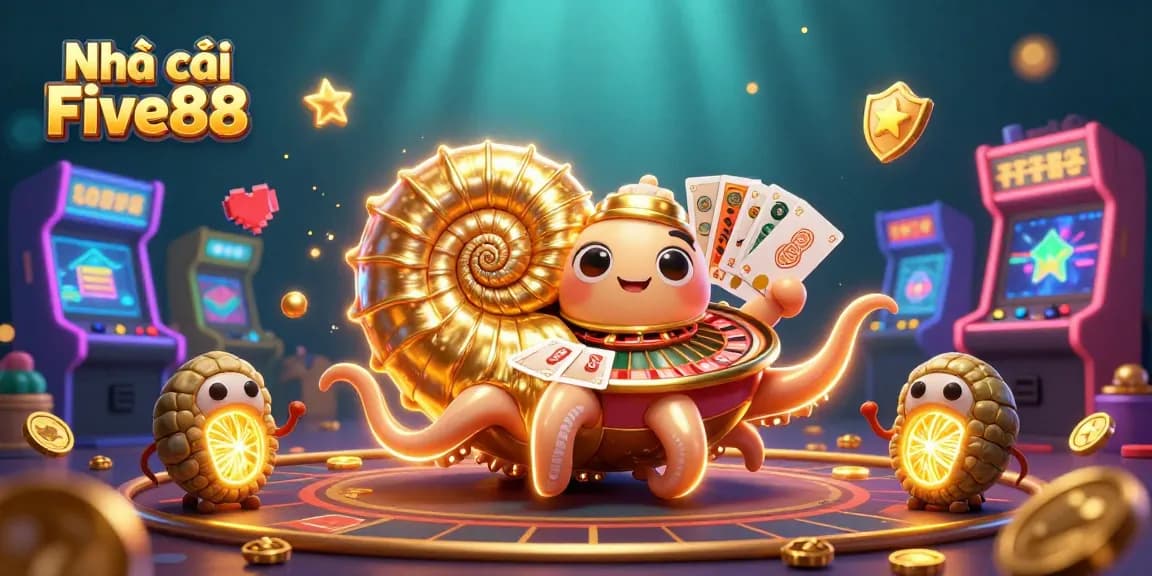 Engage with Nhà cái Five88 as the ancient nautilus spins a roulette wheel surrounded by glowing gaming elements.