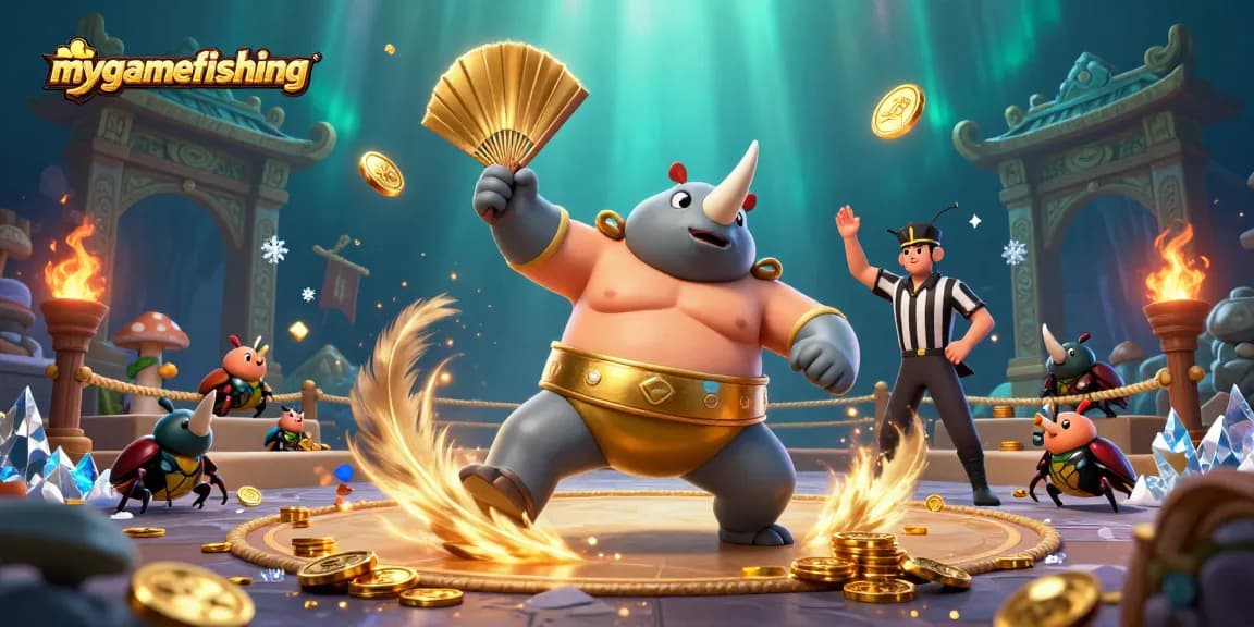 Engage with mygamefishing as a beetle champion stomps and coins scatter in a vibrant casino showdown.