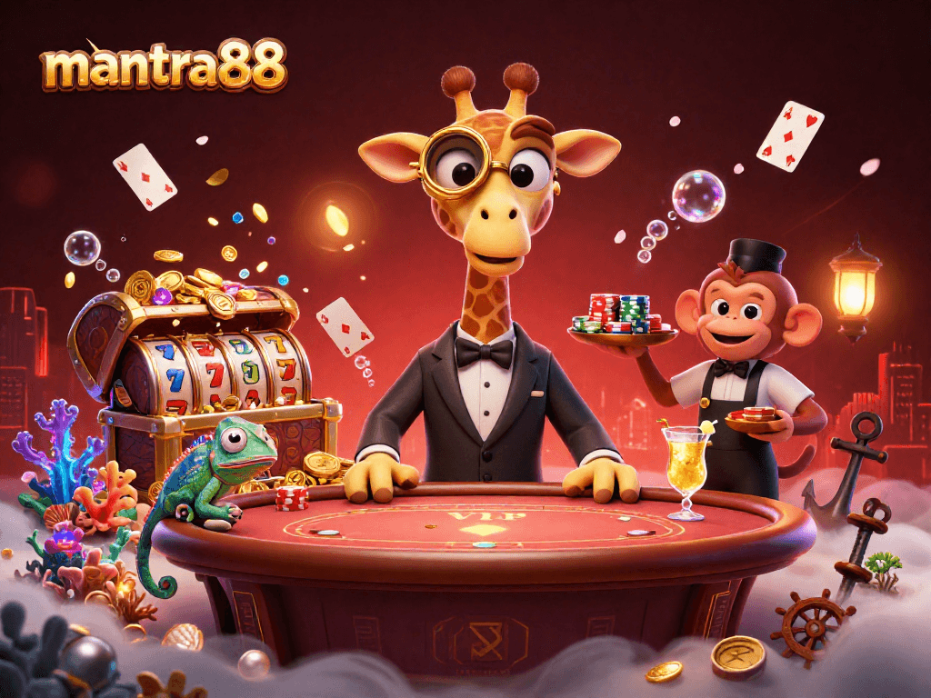Experience thrilling moments with the mantra88 game as a giraffe high-roller and friends enjoy a vibrant casino.